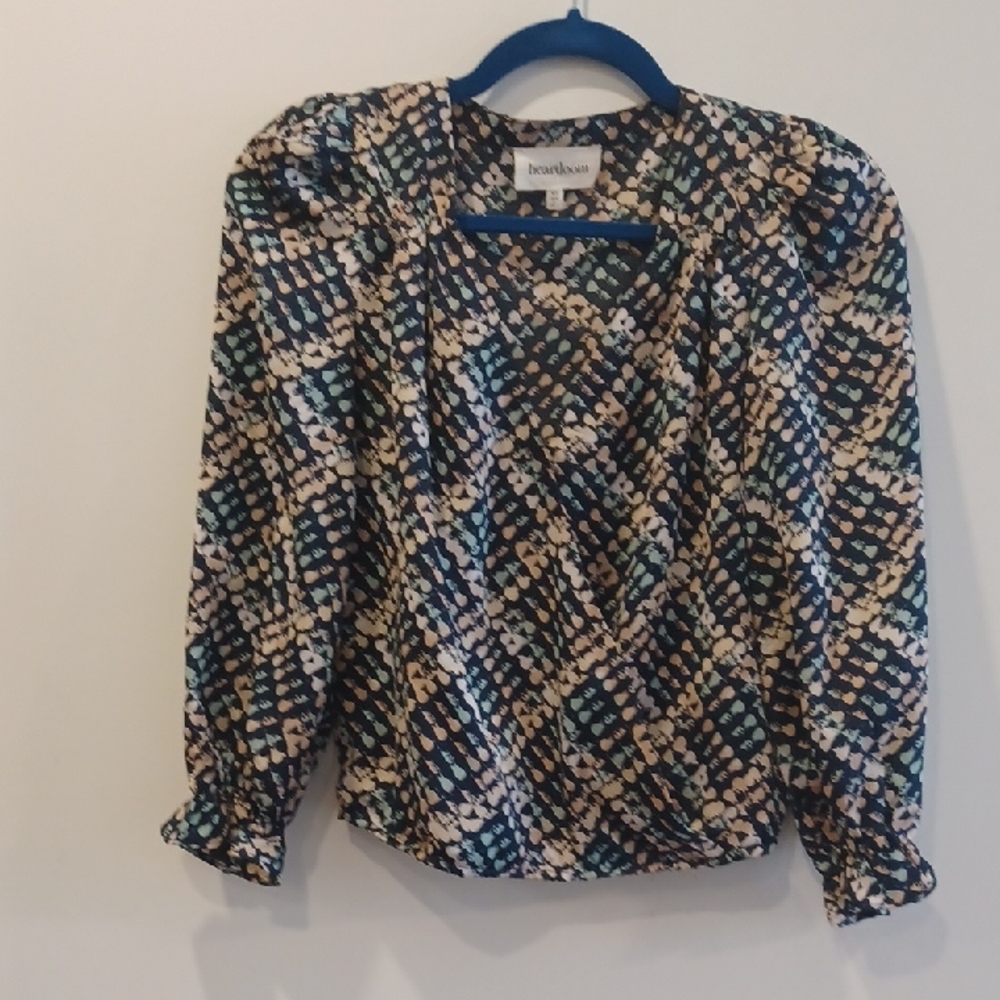 Heartloom Navy, Cream & Teal Patterned Long-Sleeve Blouse